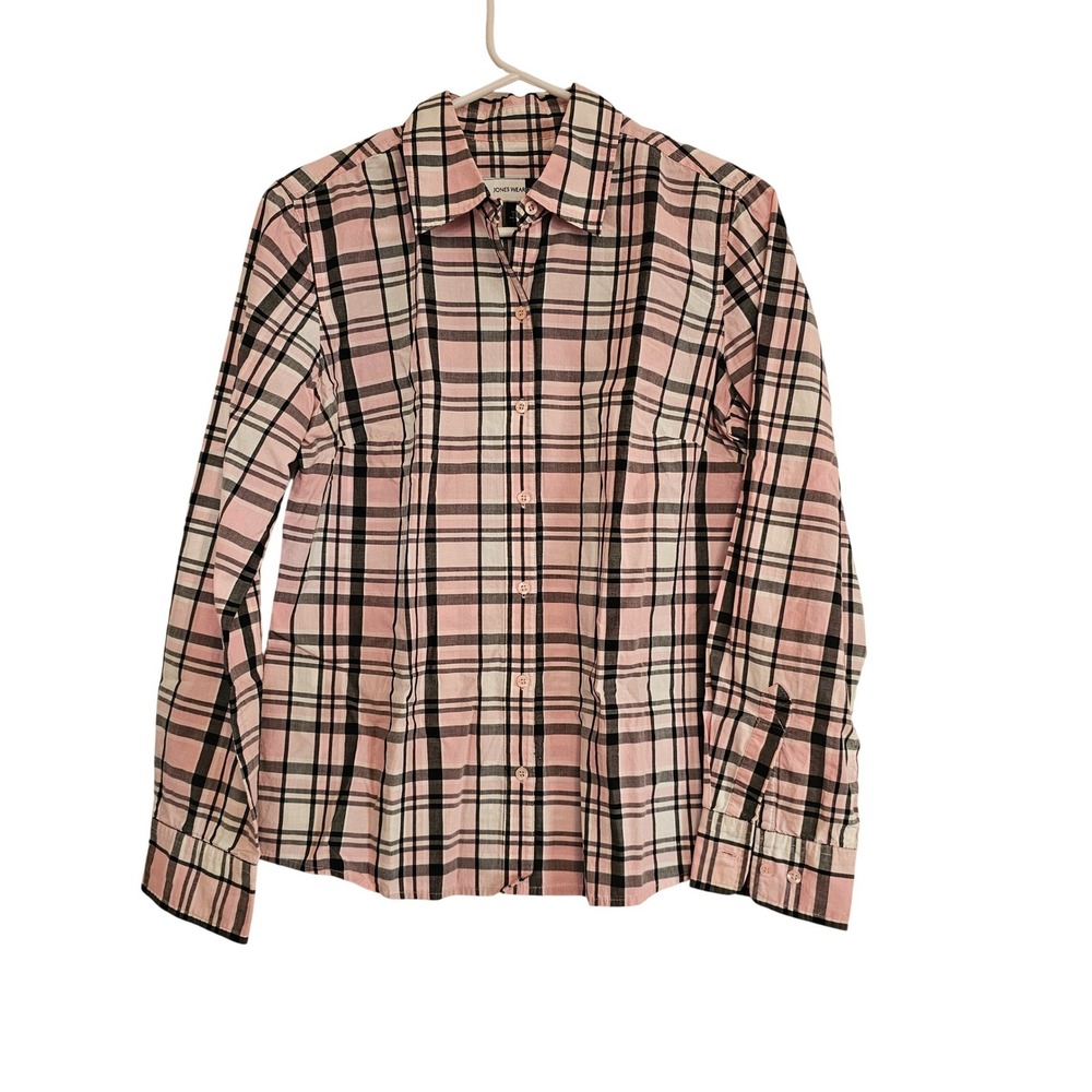 JONES WEAR STUDIO Pink Black White Plaid Long‎ Button Up Shirt Womens Size M